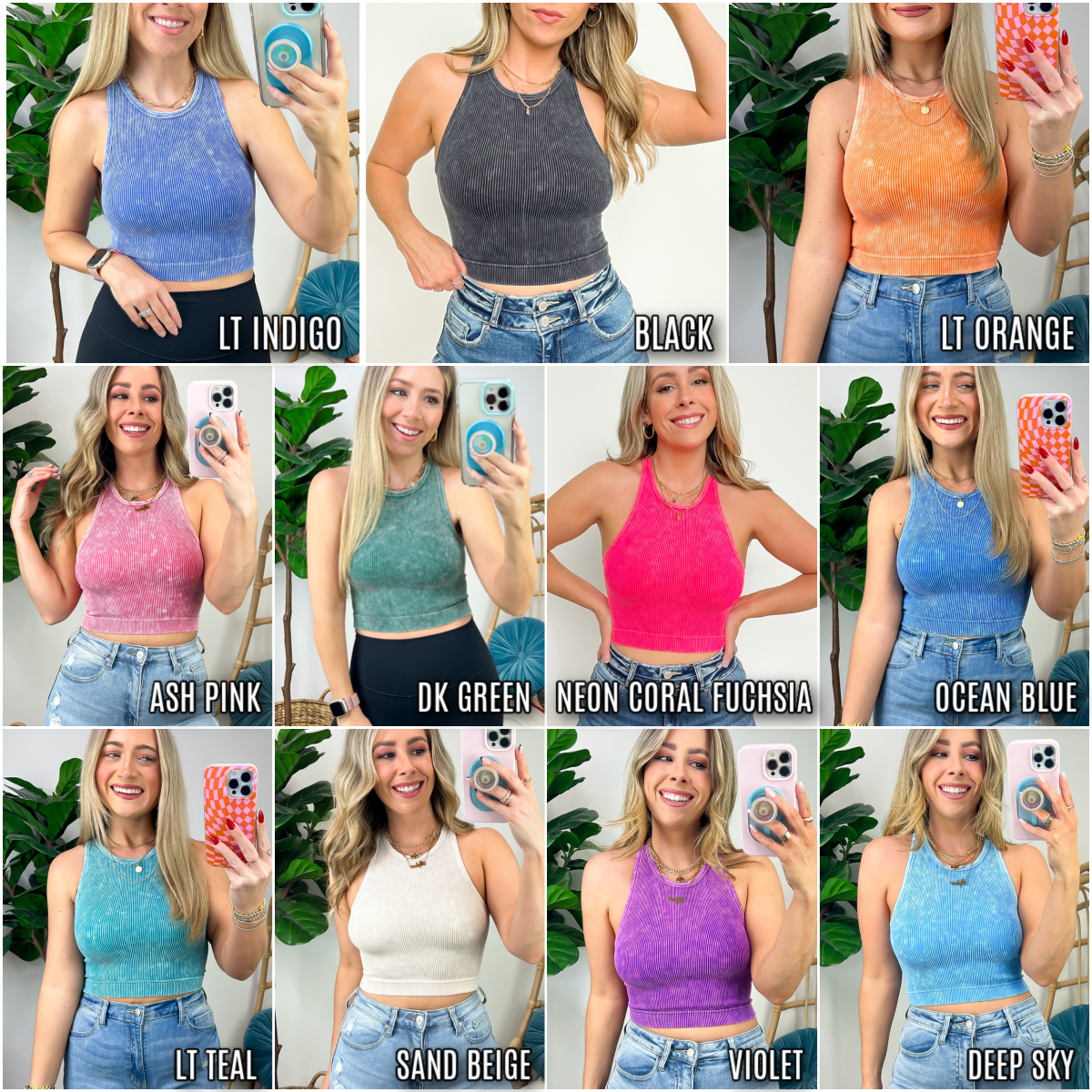 Washed Ribbed High Neck Cropped Tank Top