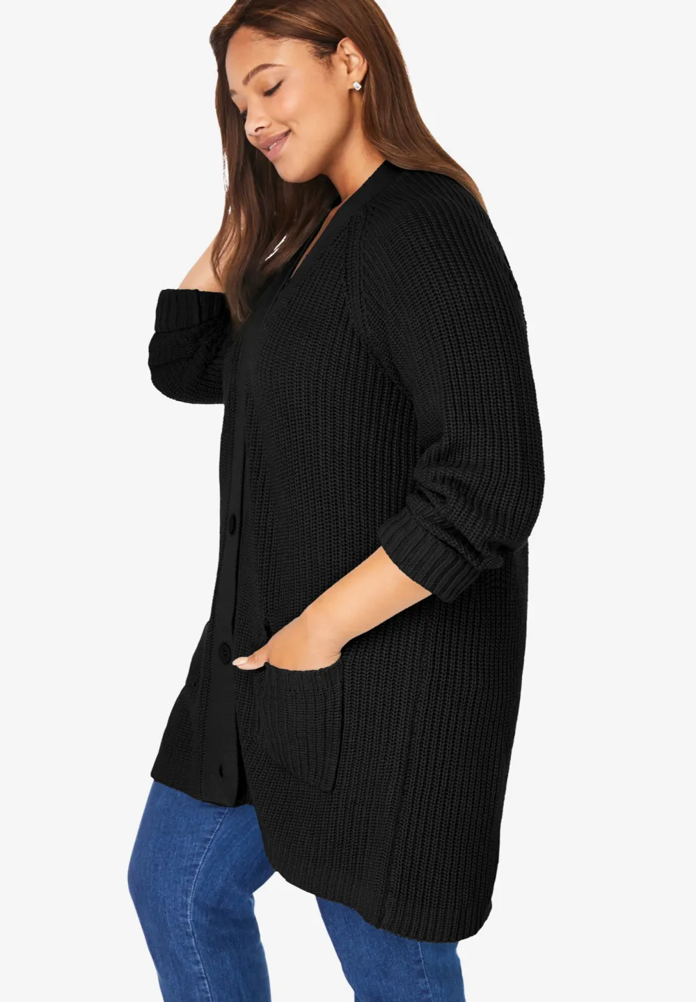 Button-Front Shaker Cardigan