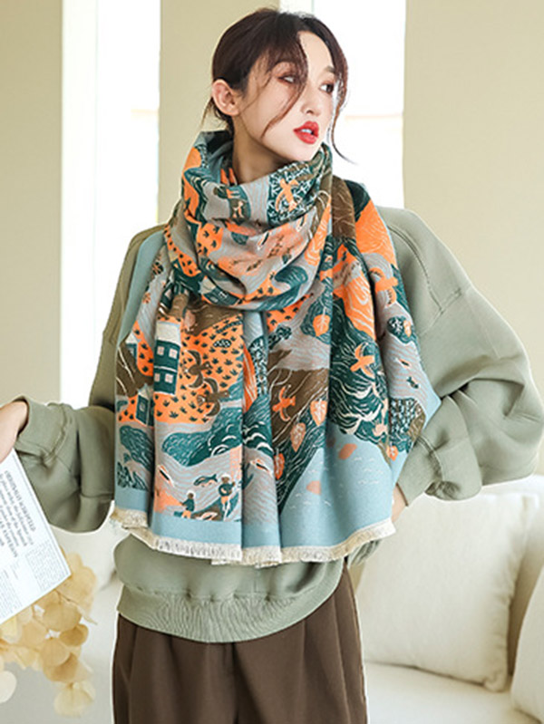 Vintage Printed Tasseled Shawl&Scarf