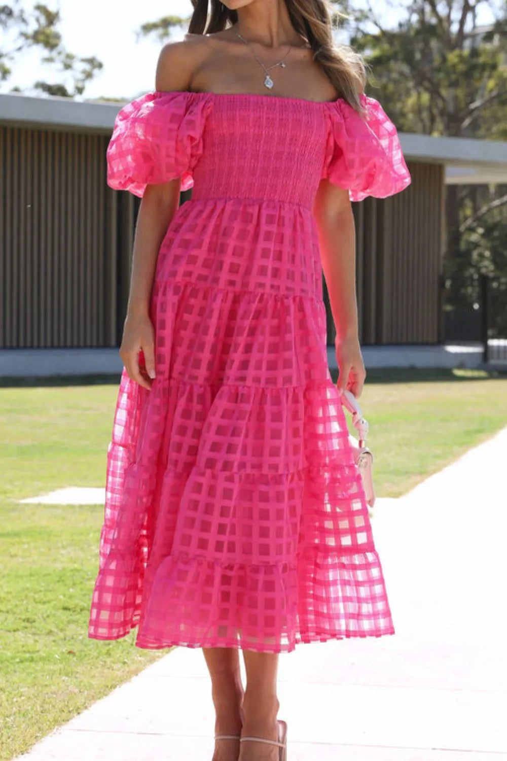 Off Shoulder Short Puff Sleeve Midi Dress