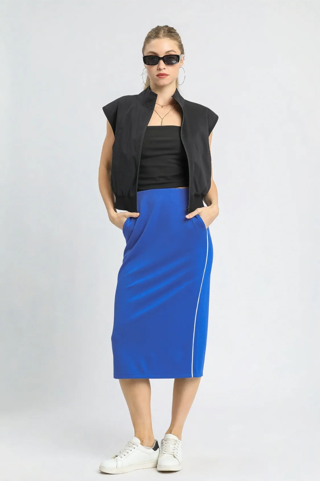 Umgee Midi Pencil Skirt with Contrast Piping Detail