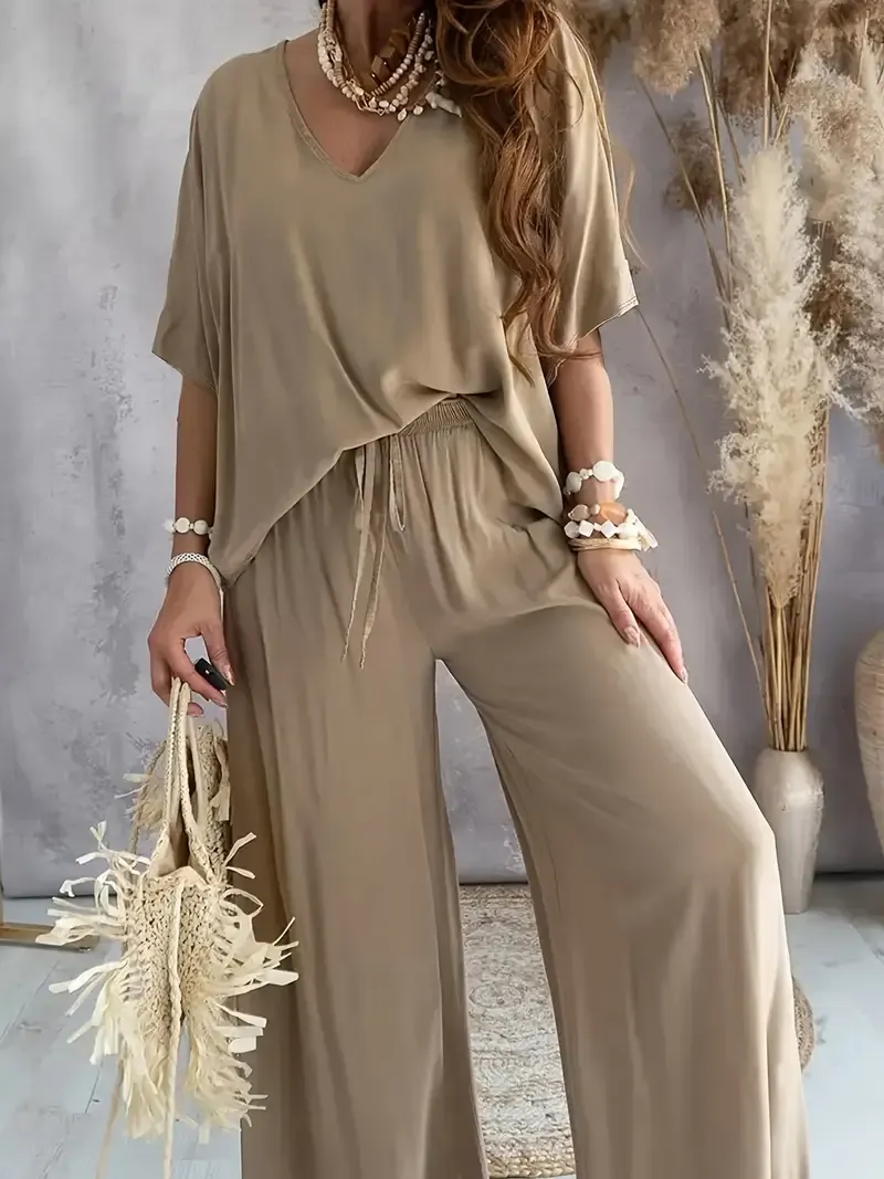 Women's Casual Solid Color Pants Set with V-Neck Top and Wide Leg Pants