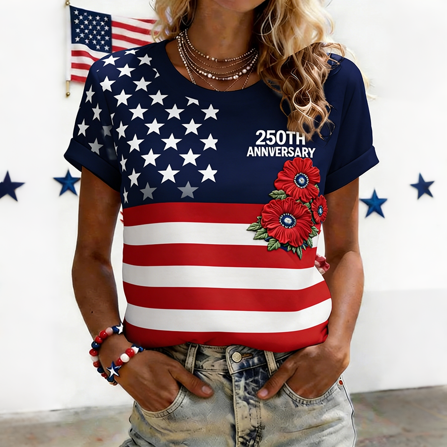 Women's 250th Anniversary Poppy Floral American Flag T-Shirt