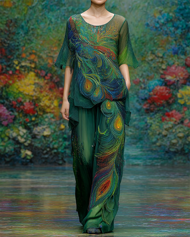 Women's Spring Resort Style Peacock Feather Embroidered Top and Pants Two-Piece Set 7234