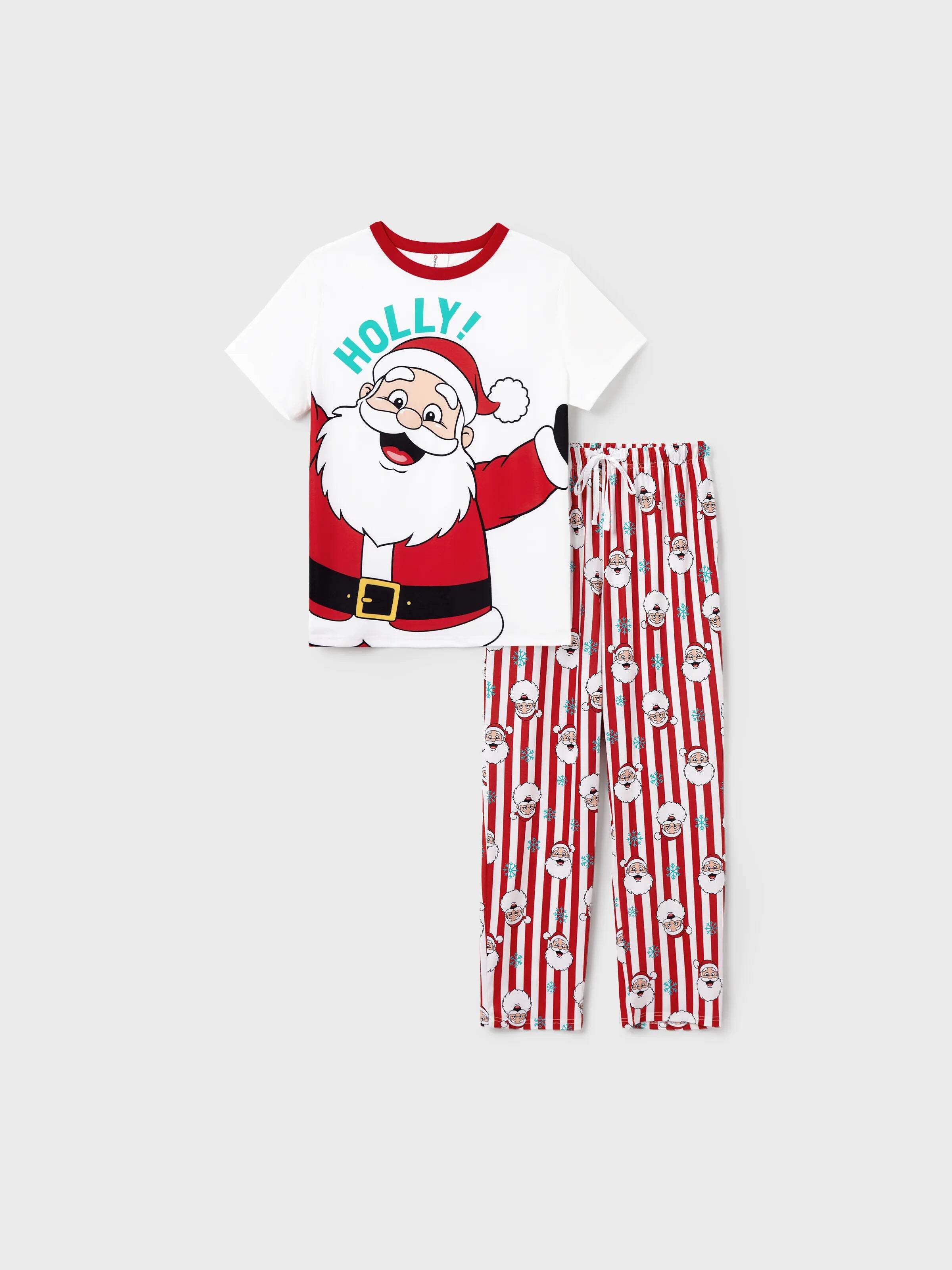 Christmas Matching Family Pajamas Set Santa Claus and Snowflakes Red Stripes PJS Red