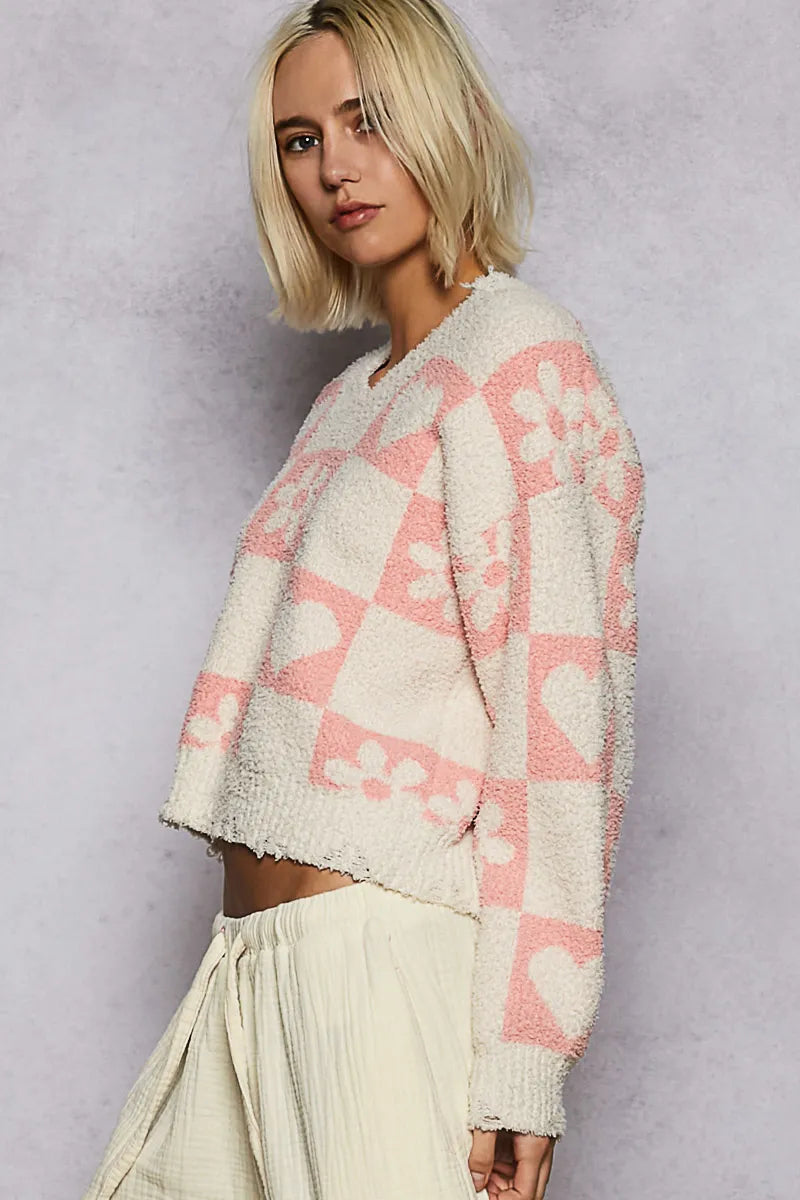 V-Neck Heart Pattern Checkered Sweater