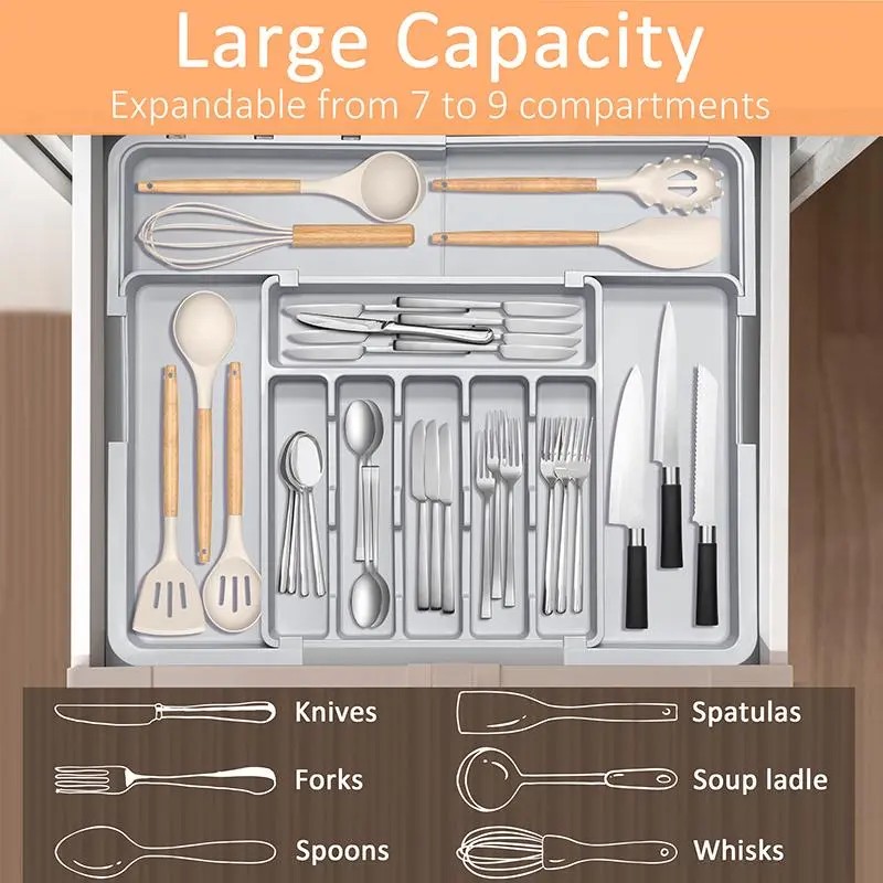 🔥3-PACK $24🔥Expandable Silverware Organizer – 9 Compartment, Adjustable 13