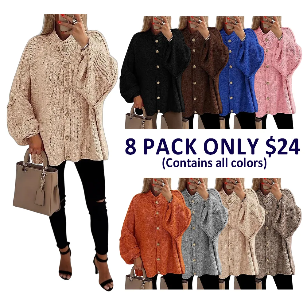 Women's Winter Button Down Cardigan Sweaters Mock Neck Lantern Long Sleeve Chunky Knit Jacket Trendy Outerwear