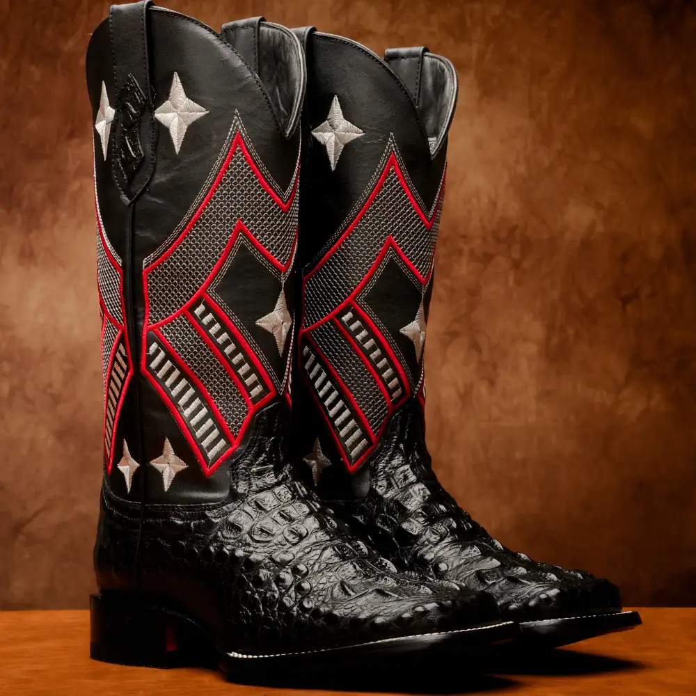 Black Caiman Neck Leather Boots - Square Toe