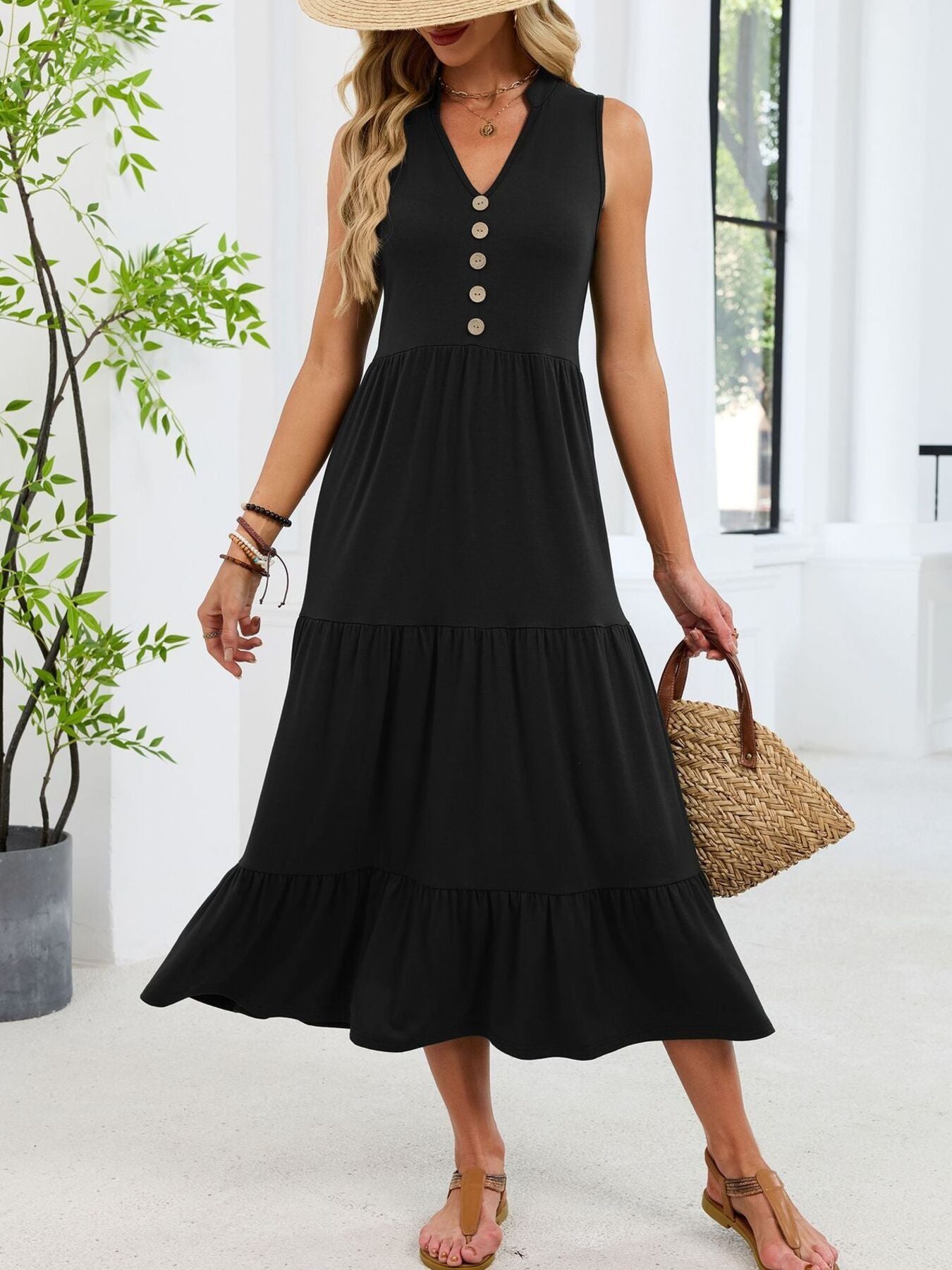 Ruffled Notched Tiered Midi Dress