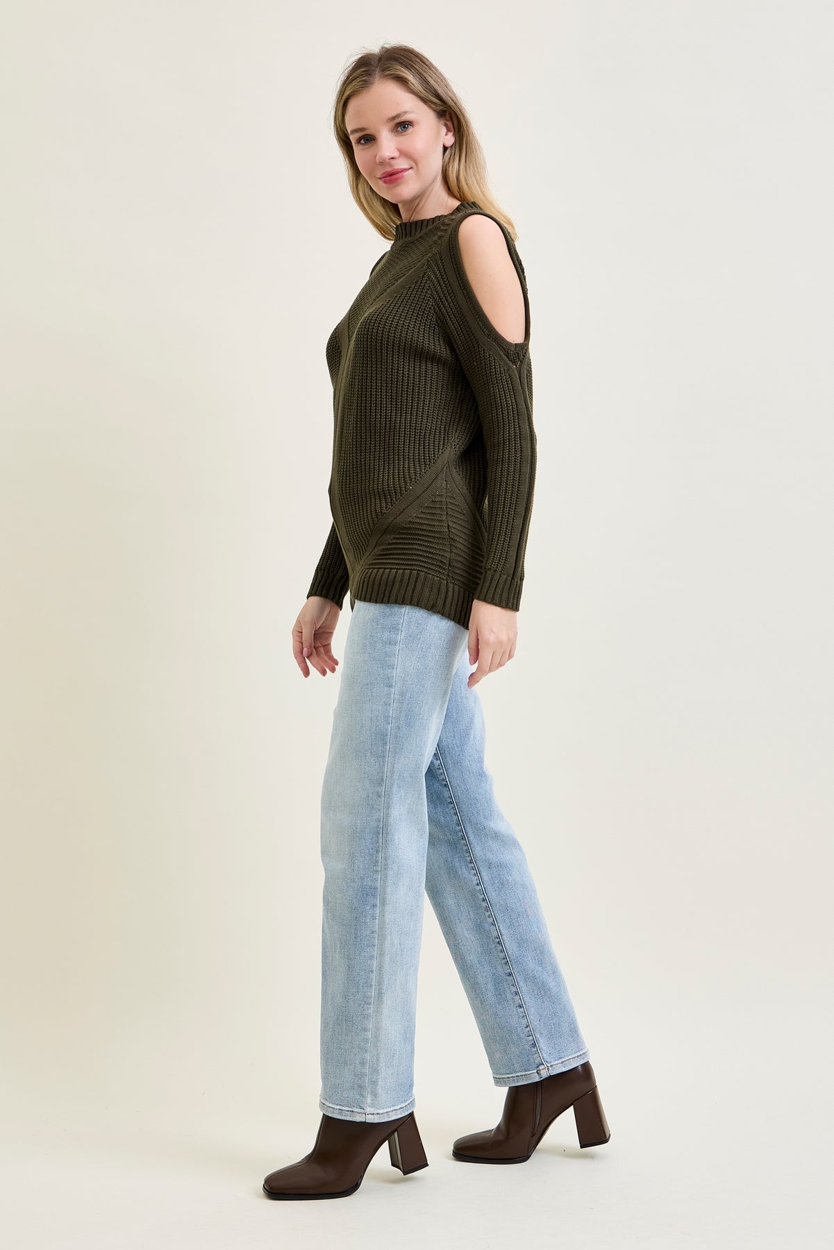 Cold Shoulder Cable Pullover Green Sweater