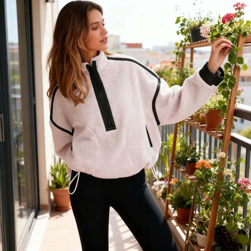 Women Sherpa Fleece Warm Oversized Half Zip Sweater