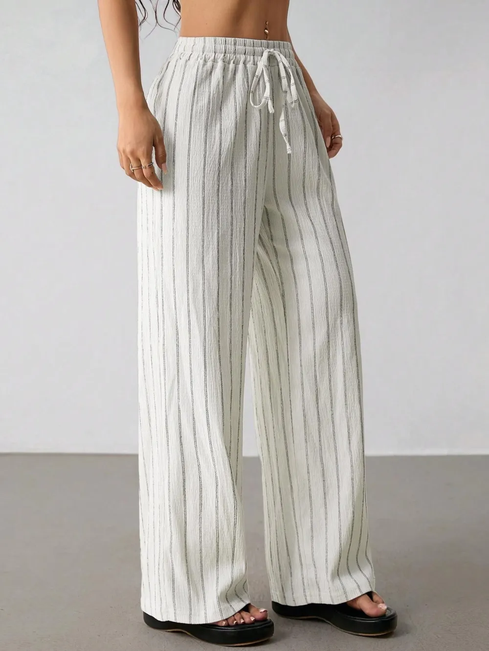 Women's Striped Waist Tie Straight Leg Loose Casual Belted Pants, Fitted Style