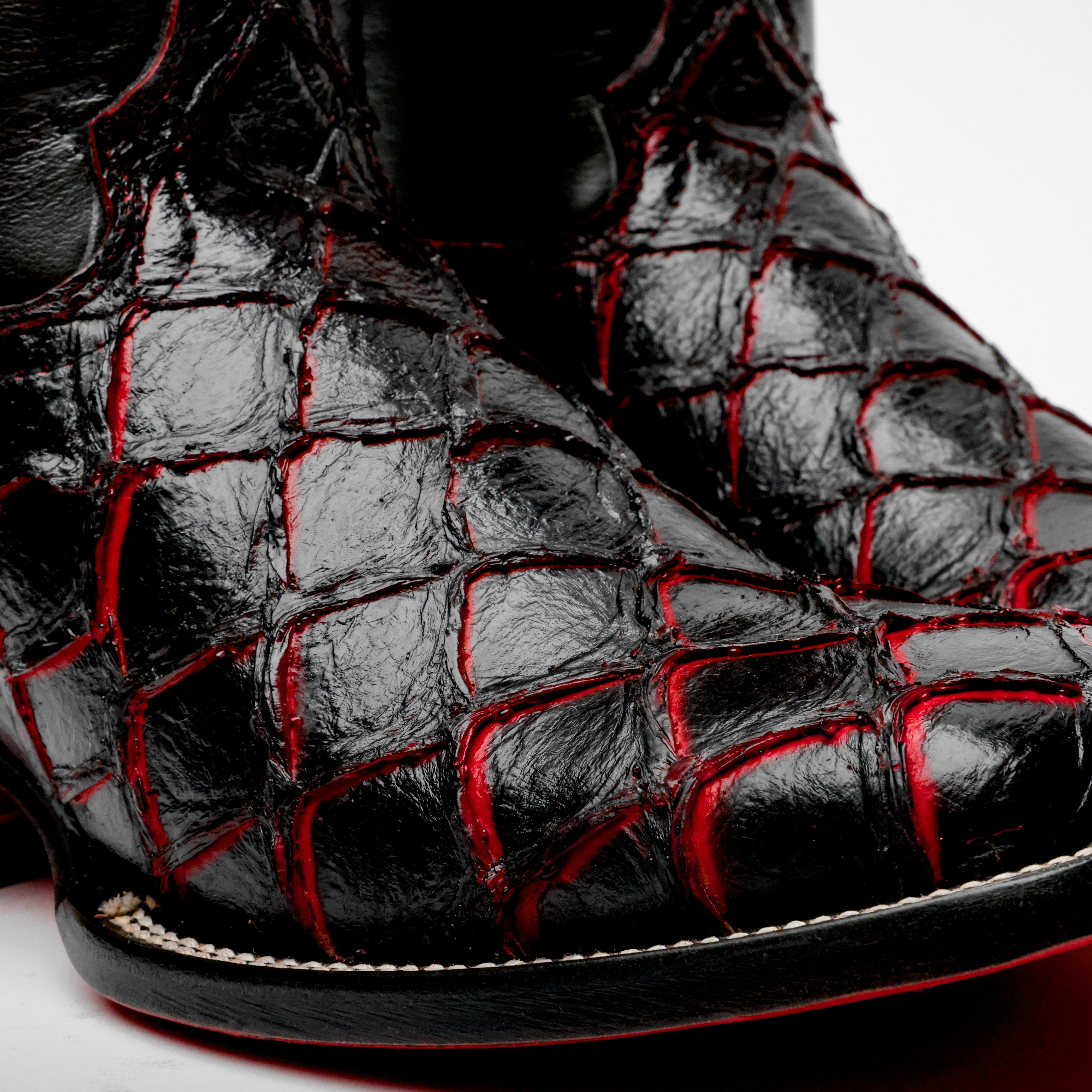 Black Cherry Pirarucu Leather Boots - Square Toe