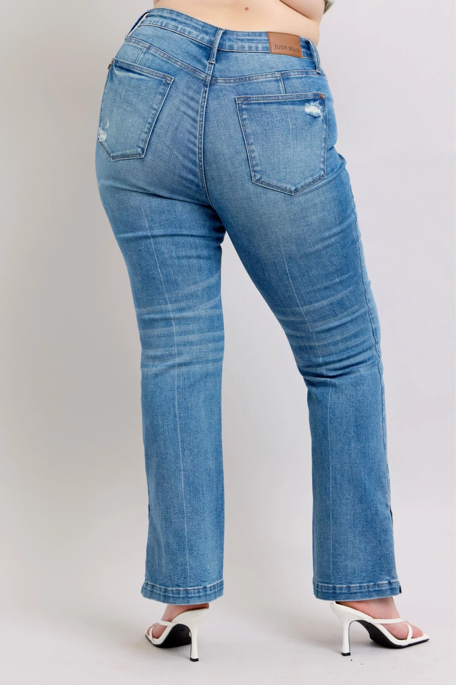 Blue Full Size High Waist Tummy Control Vintage Wash Side Slit Slim Boot Jeans