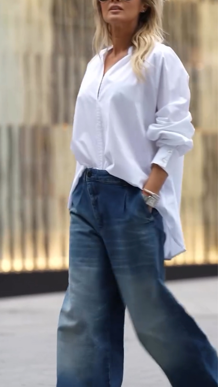 Women V-neck Shirt + Washed Jeans Casual Set