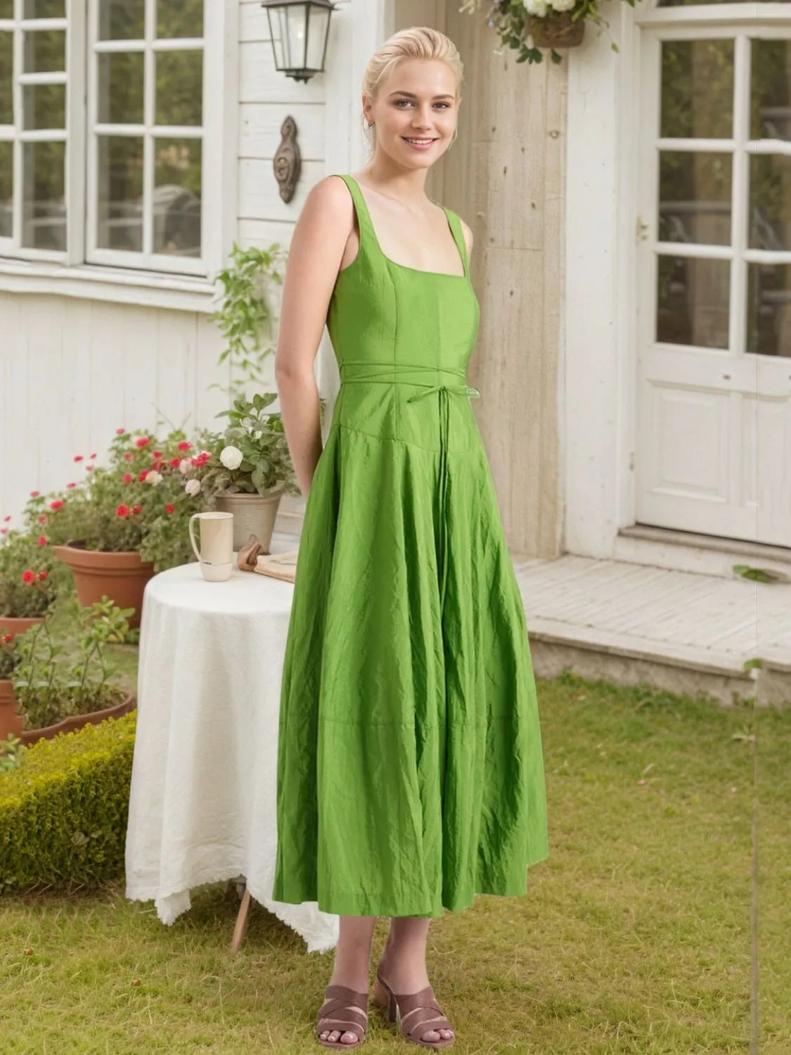 Square Neck Sleeveless Midi Swing Dress