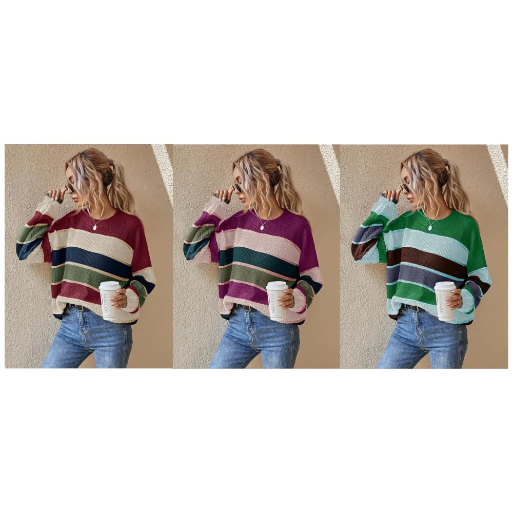 Women's Colorblock Striped Print Drop Shoulder Sweater