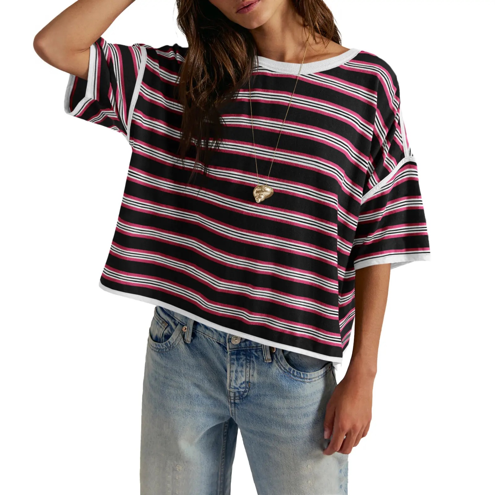 🎨🎨🎨Women's Striped Oversized Crewneck T-Shirt