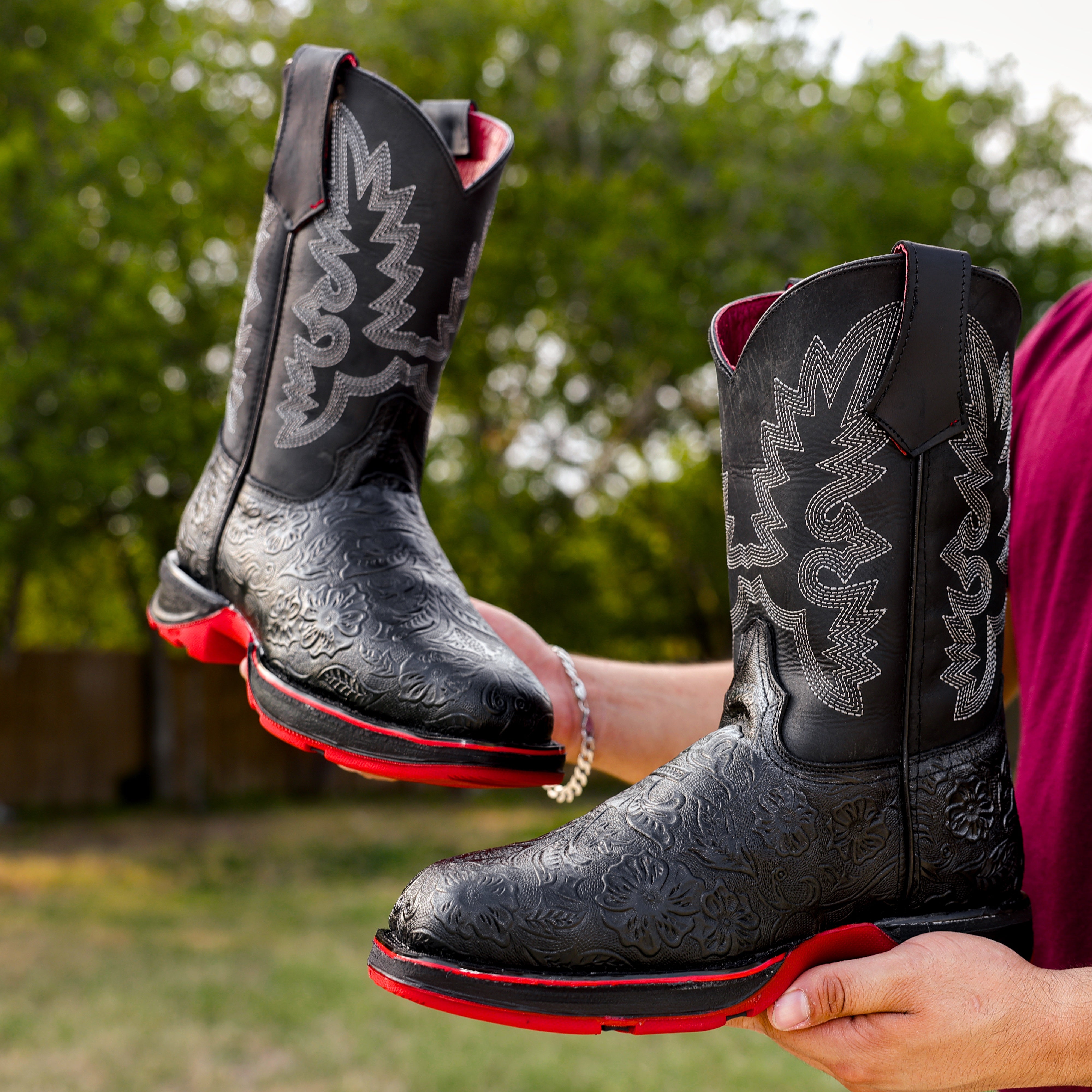 Black Hand-Tooled Leather Boots With 3D Lightweight Sole - Composite Toe