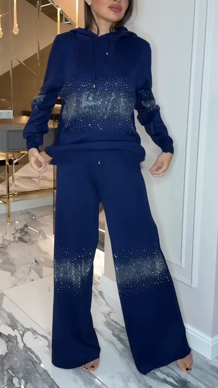 Womens Round Neck Hooded Rhinestone Hot Stamping Casual Set