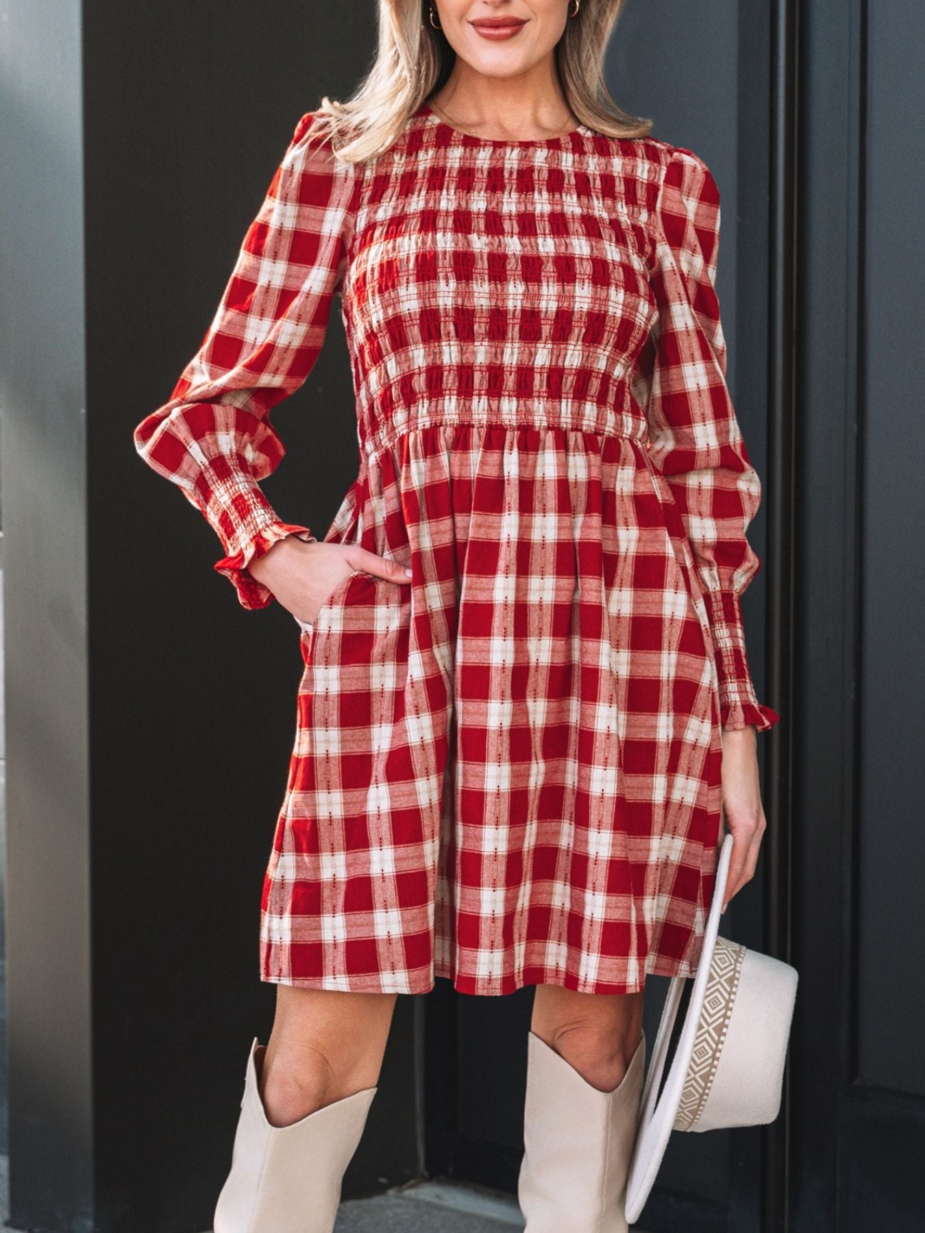 Plaid Print Smocked Puff Sleeve Mini Dress