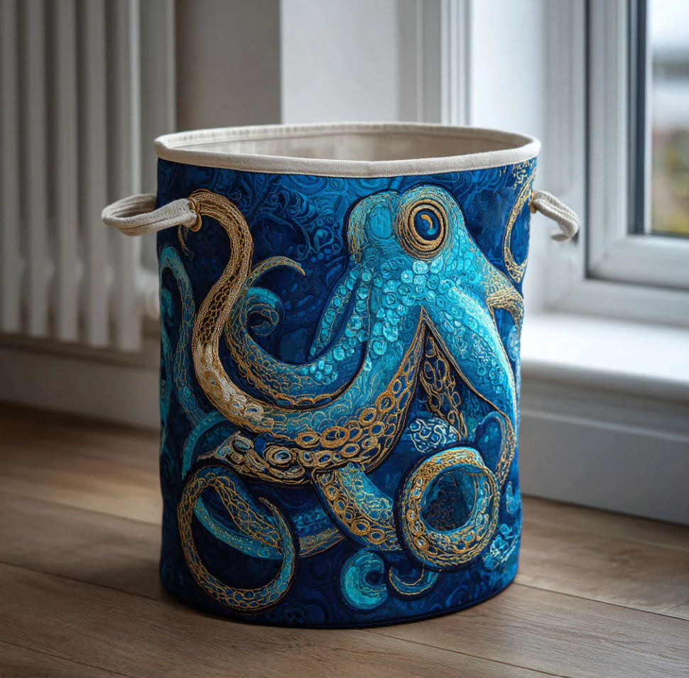Vivid Underwater Octopus Pattern Quilted Laundry Basket Eco-Friendly Machine Washable Storage Organizer for Home Coastal Bathroom Decor | Octopus