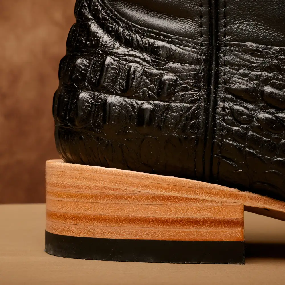 Black Caiman Neck Leather Boots - Square Toe