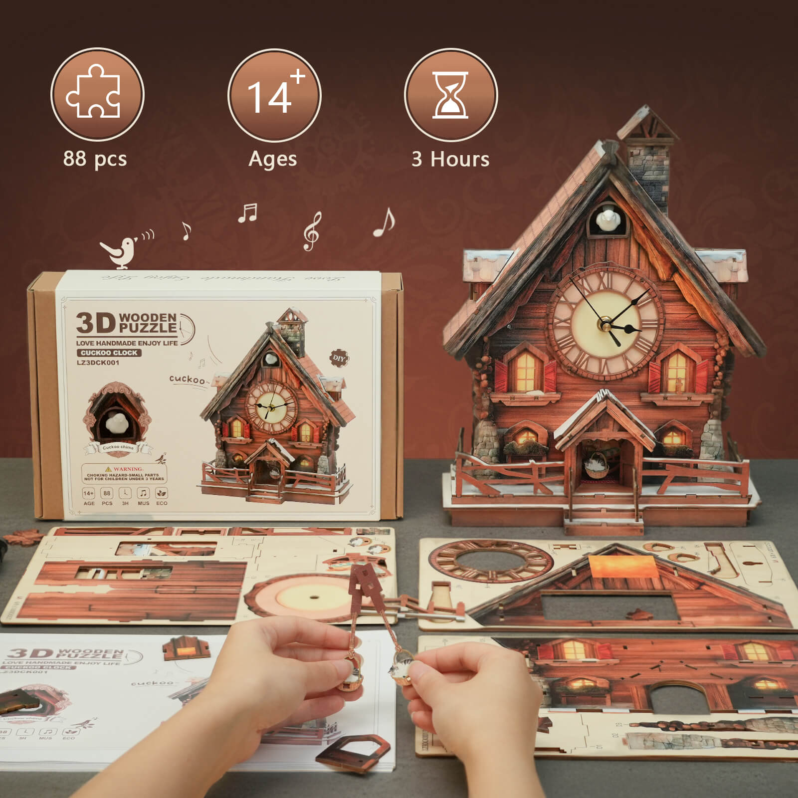 Cuckoo Chiming Swiss Chalet â€“ DIY Wood Clock, 3D Puzzle Kit