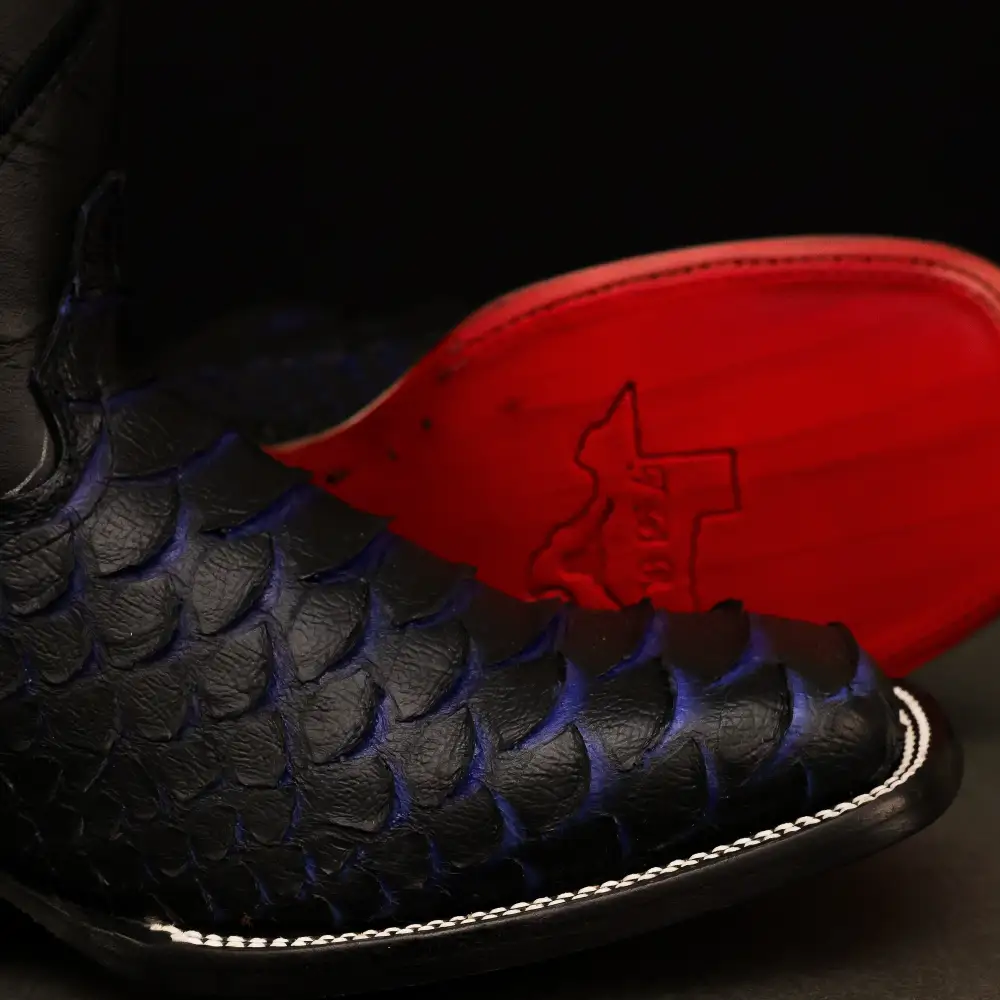 Black & Indigo Jumbo Python Leather Boots - Square Toe