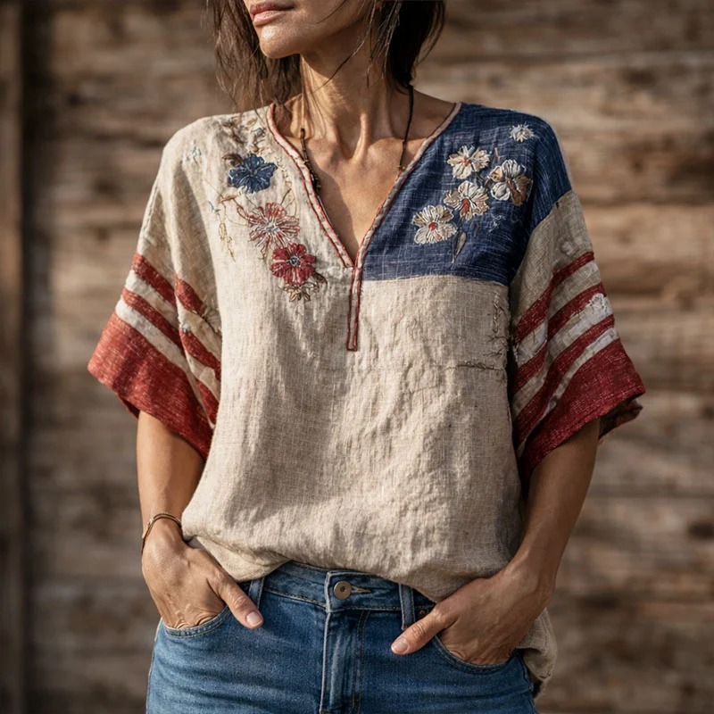 Women's America Floral Print Casual V-Neck 3/4 Sleeve