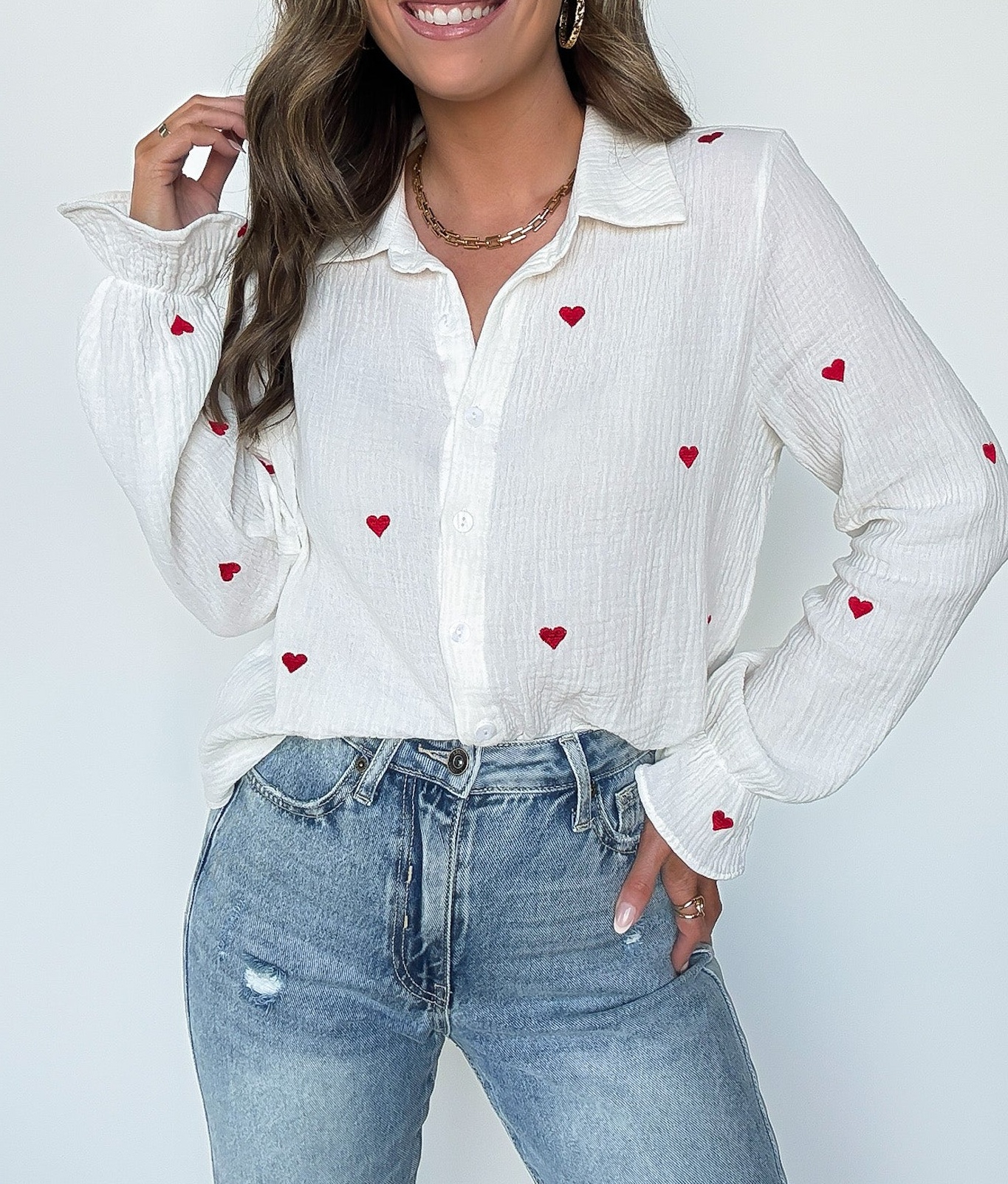 Heart Embroidered Button Down
