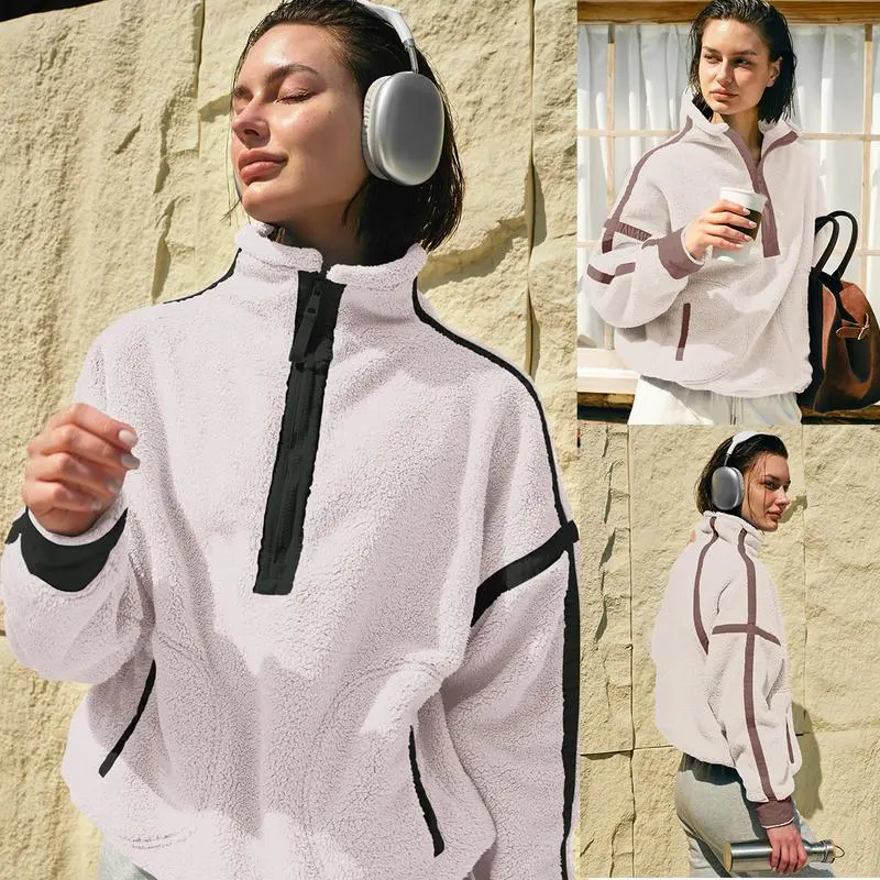 Women Sherpa Fleece Warm Oversized Half Zip Sweater