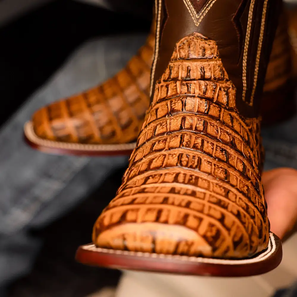 Honey Caiman Hornback Leather Boots - Square Toe