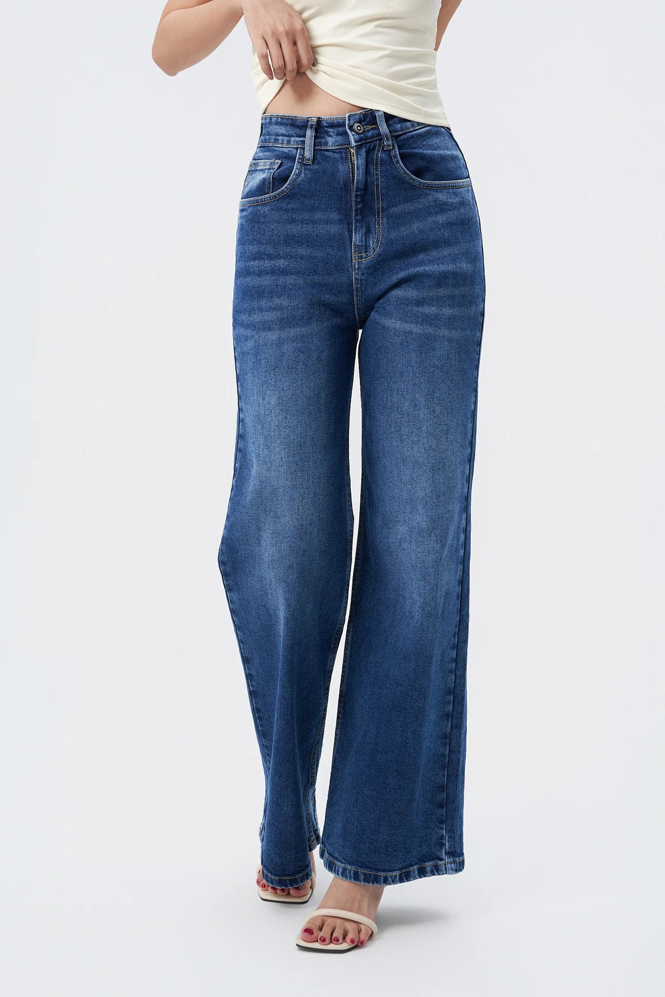 Mid Blue Overcast Wash High Waist Wide Leg Jeans