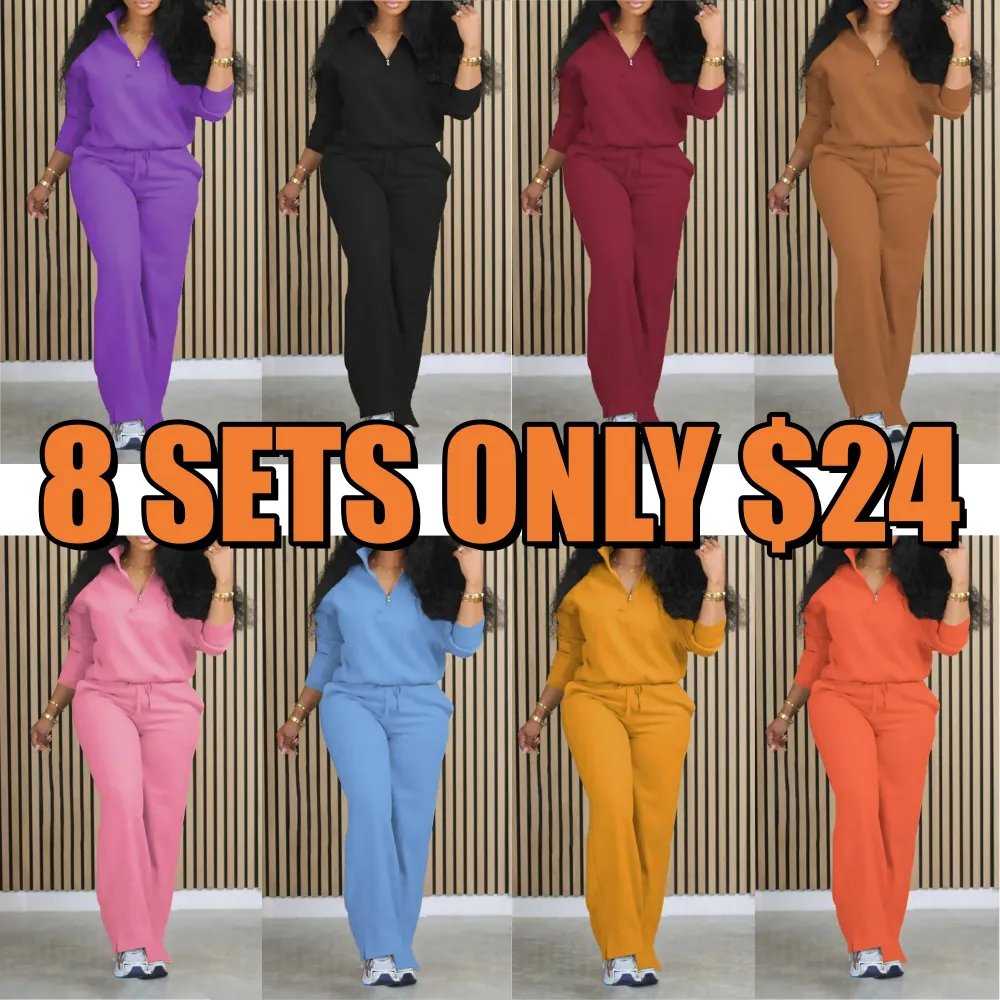 Women's Solid Half Placket Split Hem Pants Set