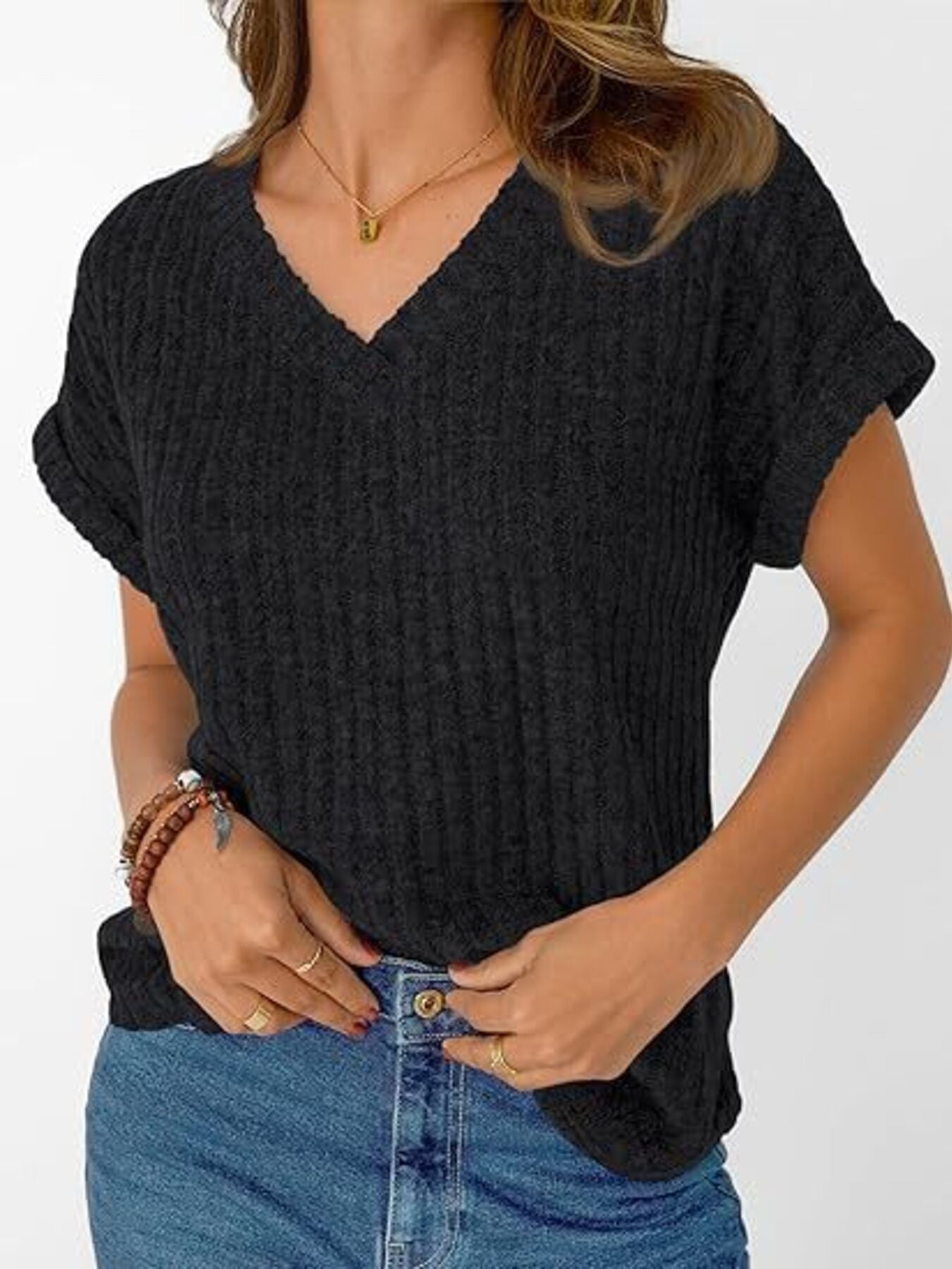 Ribbed Knit V-Neck Relaxed Fit T-Shirt