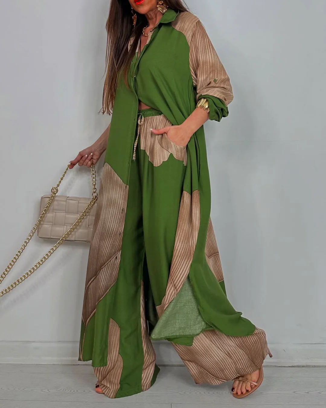 Women's V-neck Patchwork Printed Top and Pants Commuting Casual Suit