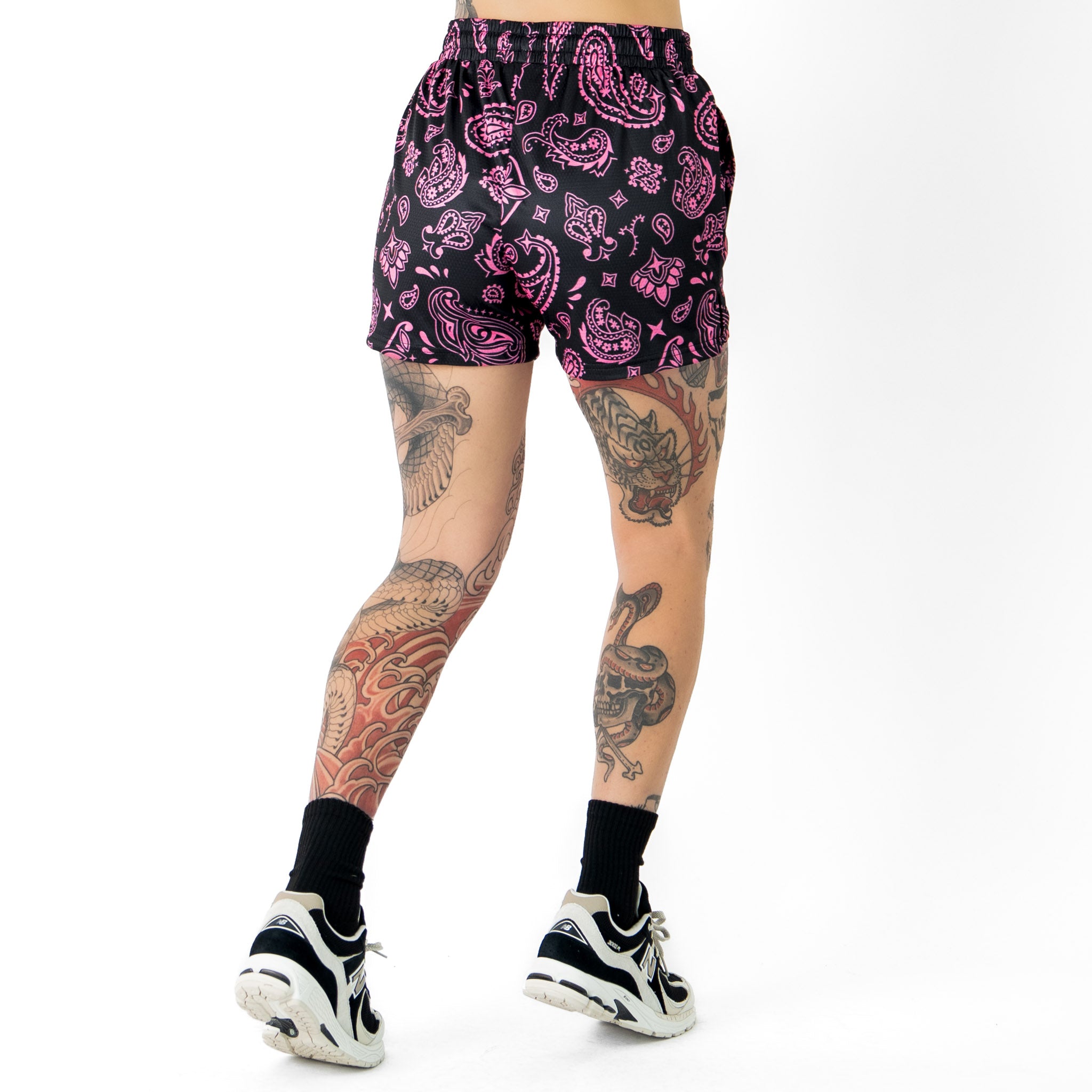 MUAY THAI SHORTS (MID THIGH CUT) BANDANA - BLACK / PINK