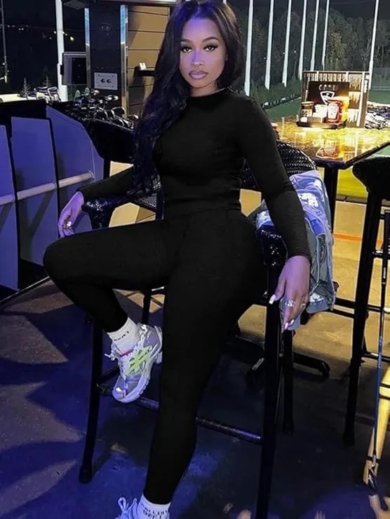 Women's Minimalist Chic Solid Long Sleeve Tee & Elastic Waist Pants Set