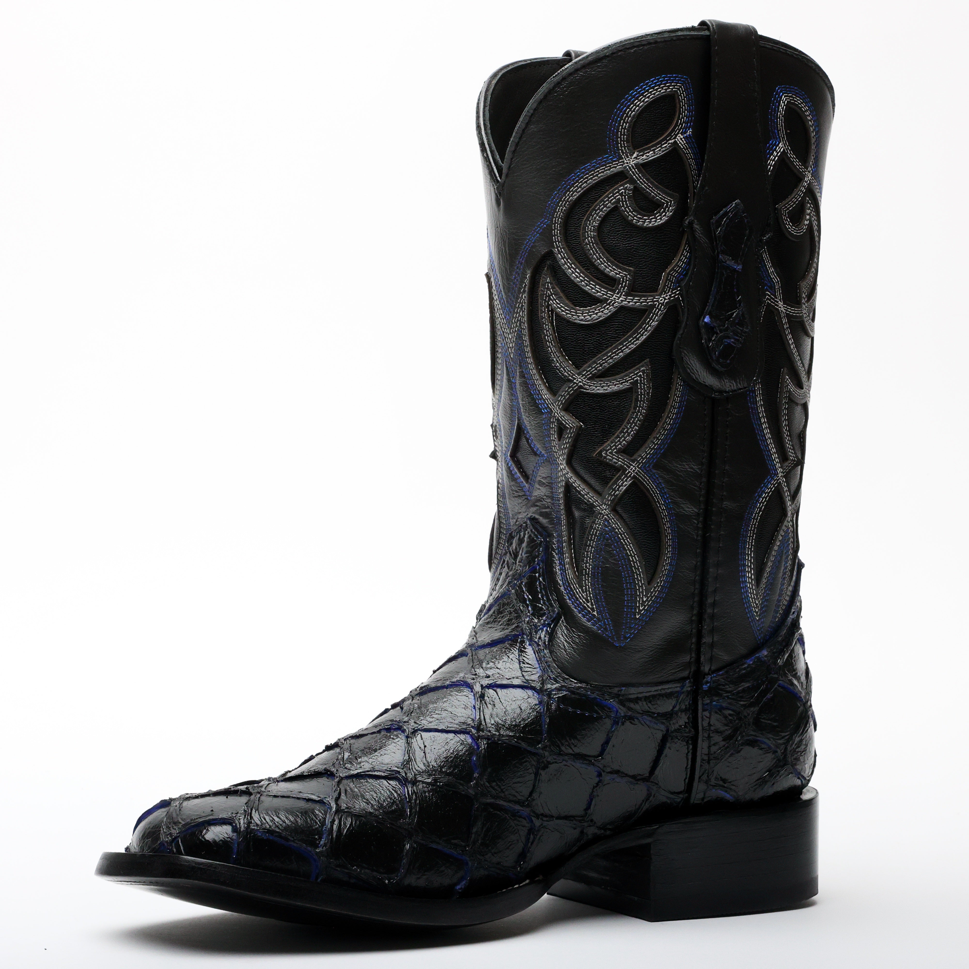 Black/Blue Pirarucu Leather Boots - Square Toe