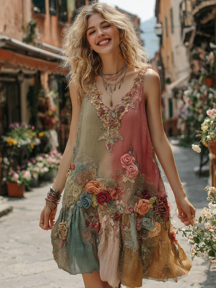 The Ice Cream Collection Women's Classic Bohemian Floral And Rose Gradient Linen Mini Tank Dress