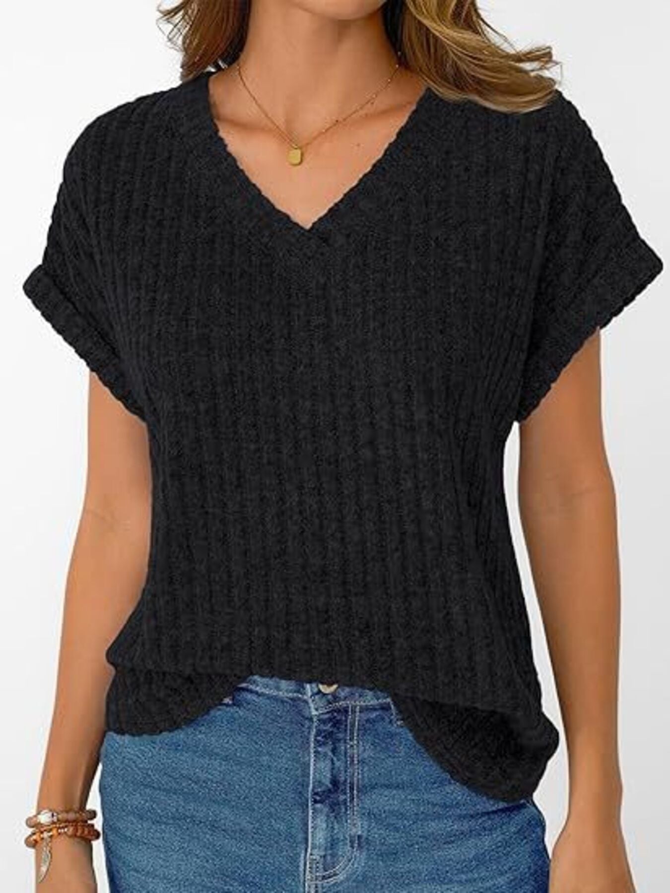 Ribbed Knit V-Neck Relaxed Fit T-Shirt