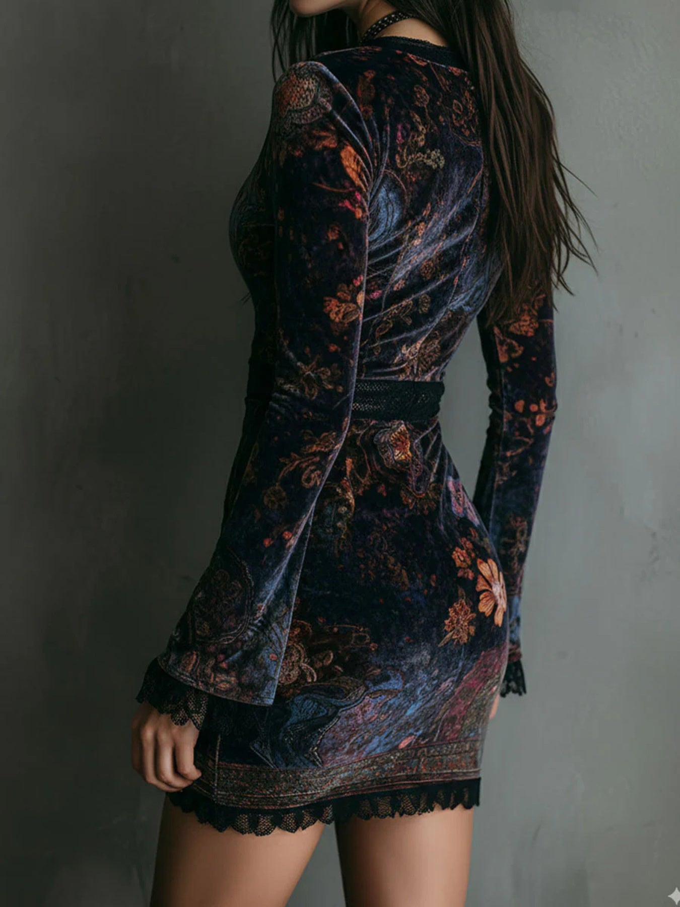Lace Detail Floral Velvet Mini Dress