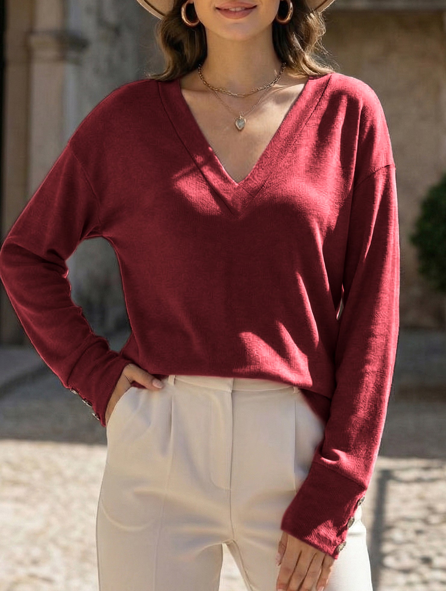 Solid V Neck Button Loose Long Sleeve Tee_CWTTL01231