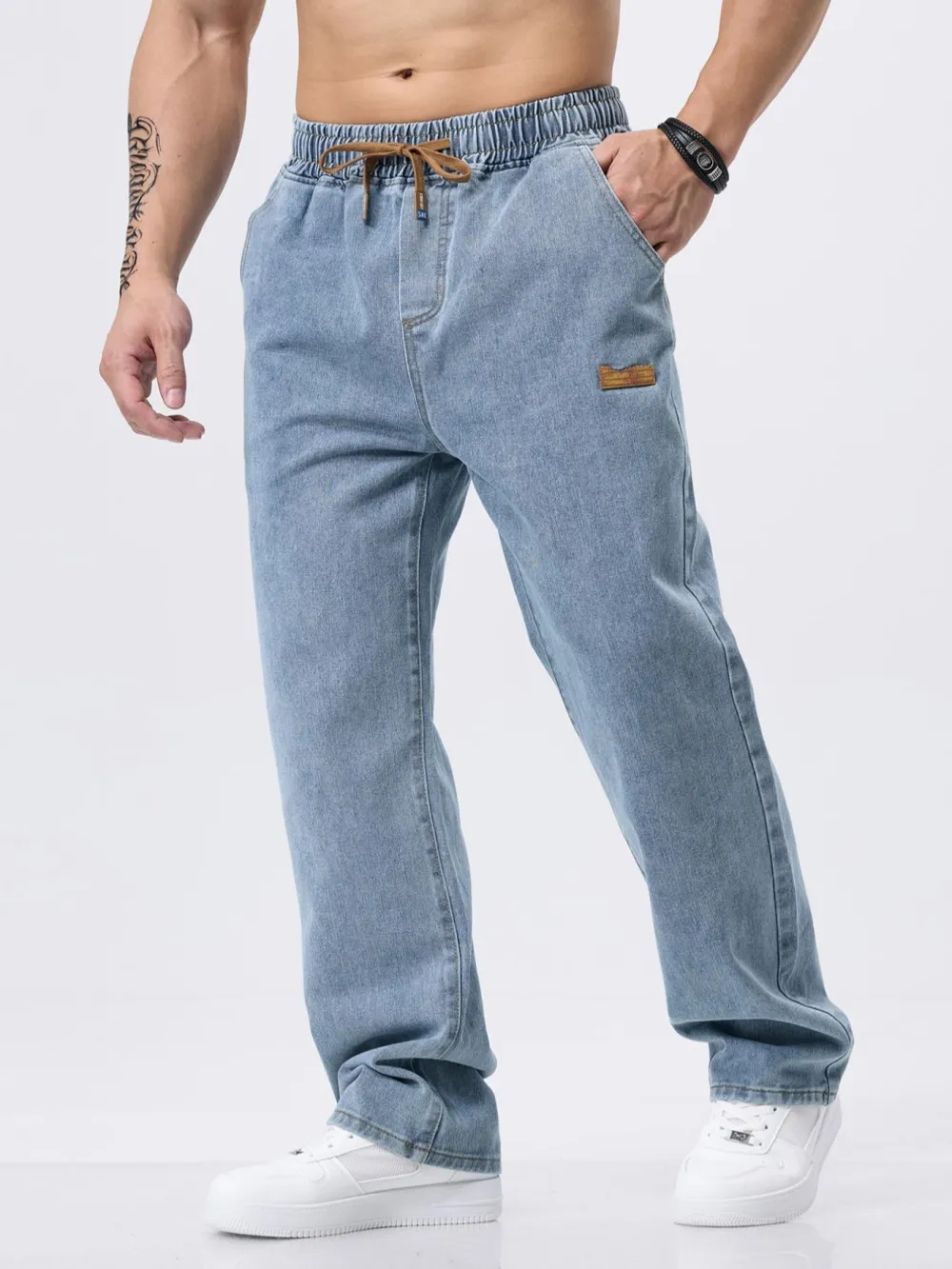 Men's Drawstring Elastic Waist Jeans, Washed Vintage Straight Leg Plain Denim Jeans