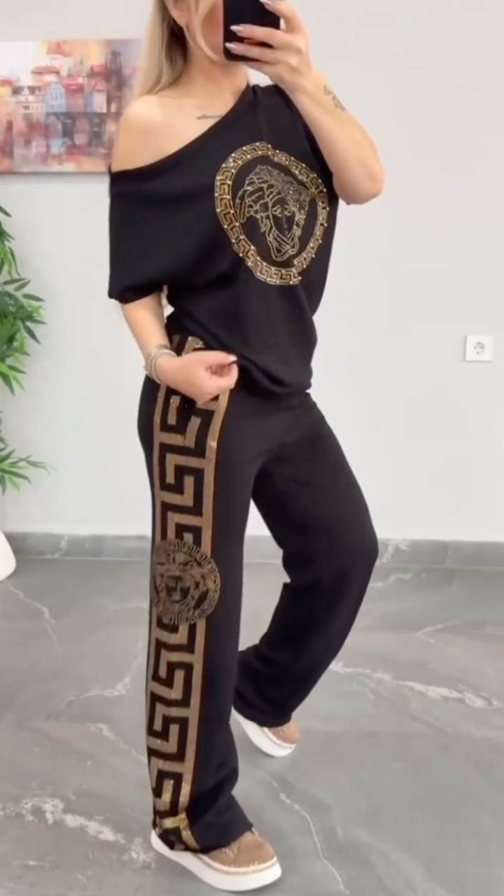 Women's Off-Shoulder Casual Rhinestone Set