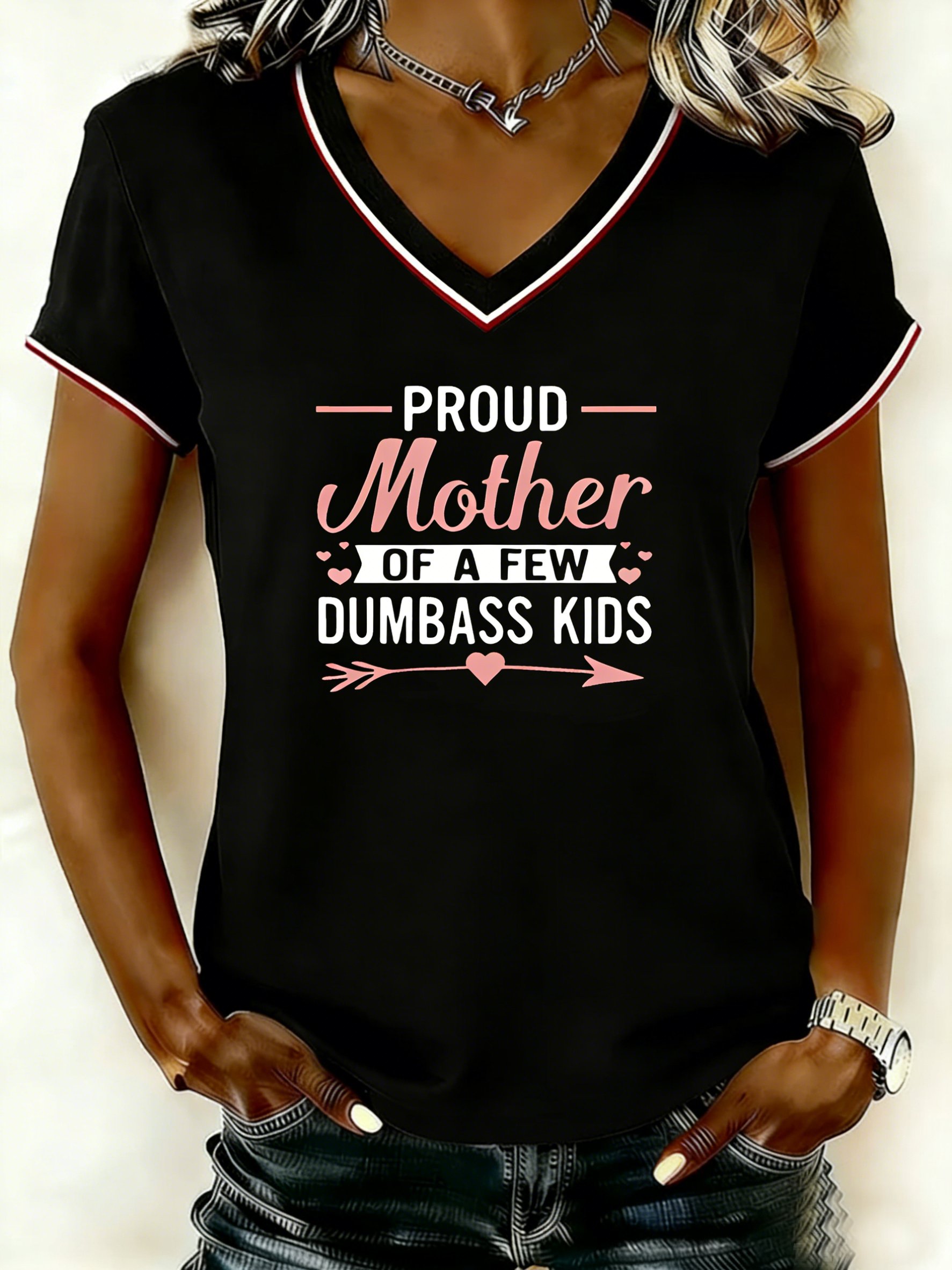 Mother's Day Letter Pattern Short Sleeve V Neck Loose  Casual T-Shirt