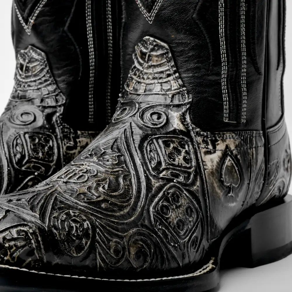 “Ace Of Spades” Grey/Black Leather Boots - Square Toe