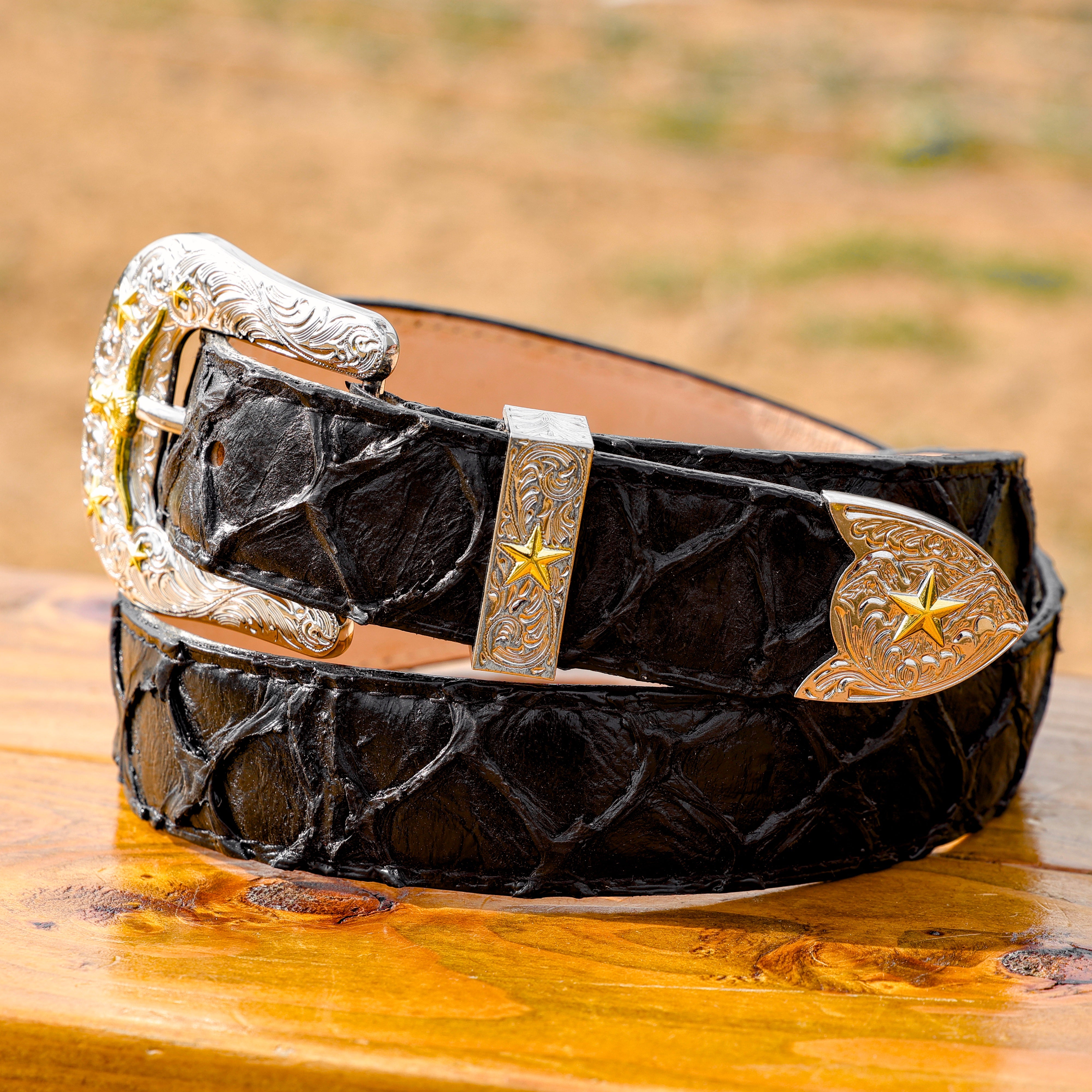 Black Jumbo Pirarucu Leather Belt